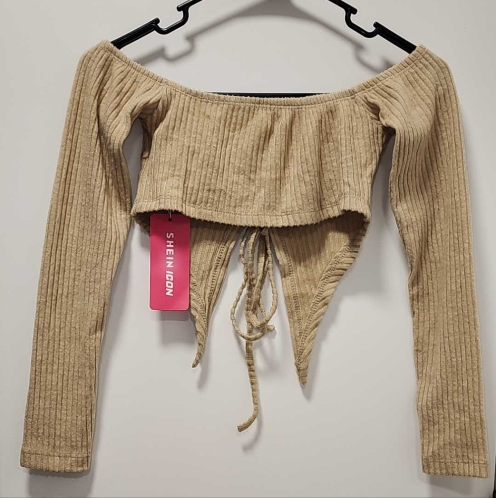 ✨️New SHEIN Tan Ribbed Off-Shoulder Crop Top - Picture 2 of 3